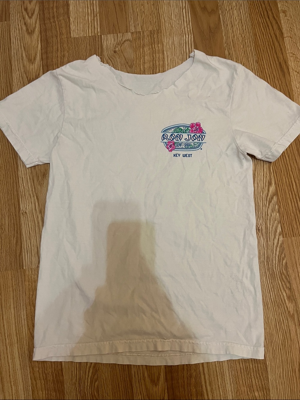 Ron Jon White adult Key West Surf Logo Tee with Pink Floral Accent